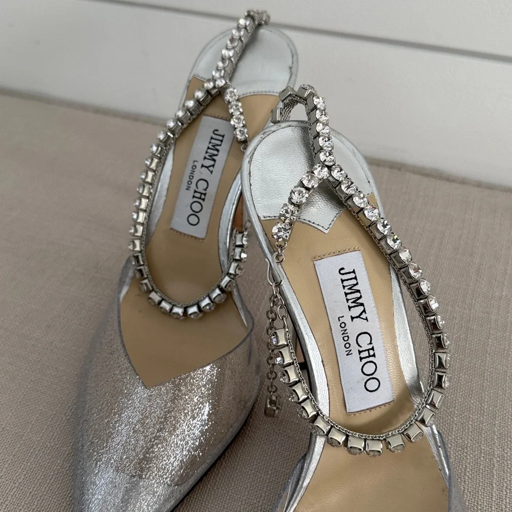 LIKE NEW-Jimmy Choo Saeda 100 Glitter Plexi Pumps with Crystal Embellishment - Picture 2 of 9